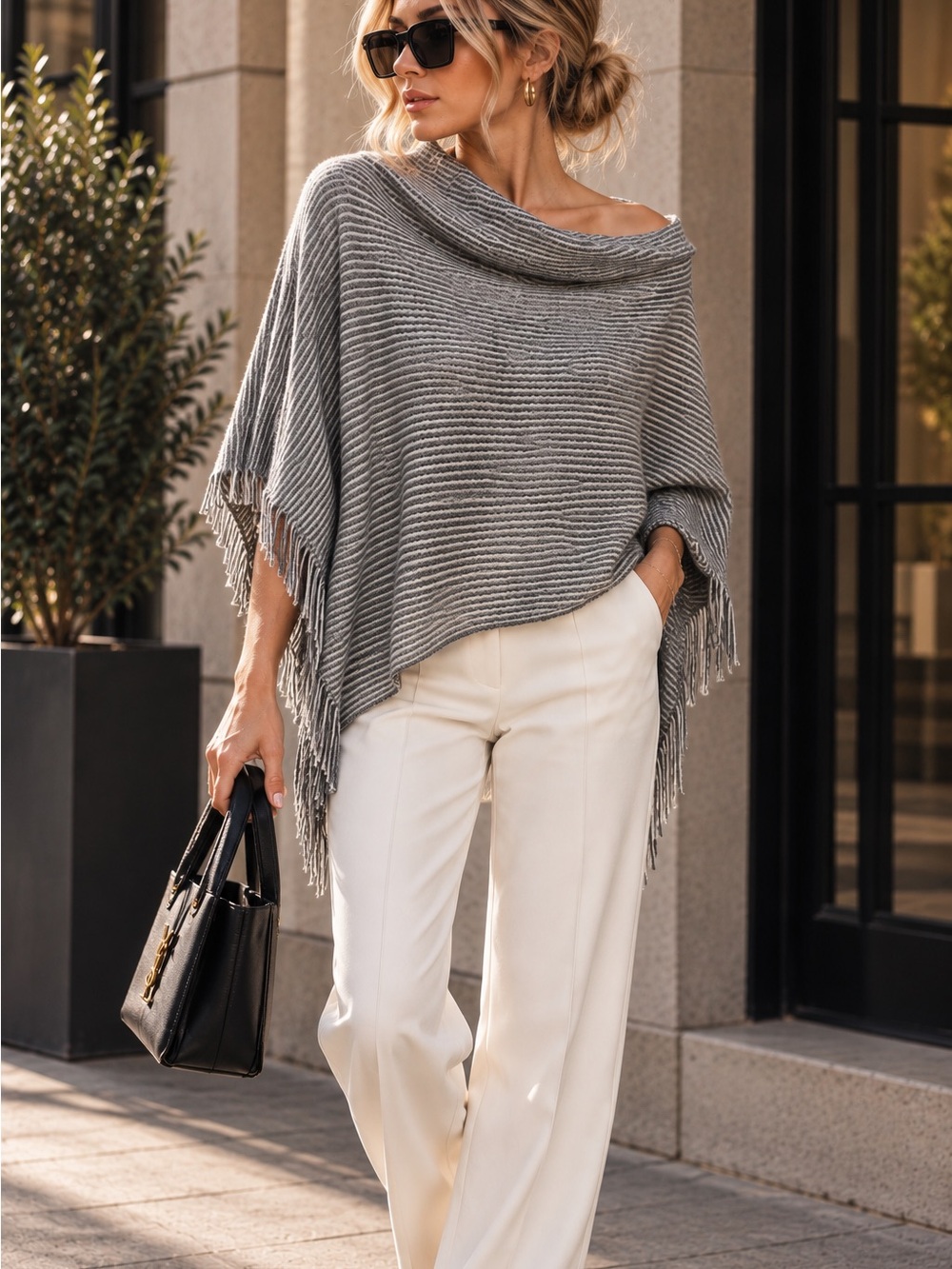 Womens Gray Fringe Ribbed Knit Poncho Sweater